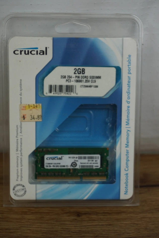 Crucial 2GB 204-Pin DDR3 SODIMM PC3-106001.35V CL9 RAM Stick - Image 1 of 1