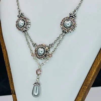Brighton Pink Crystal Faux Pearl Drop Necklace Silver Tone Layered Retired - Image 1 of 4