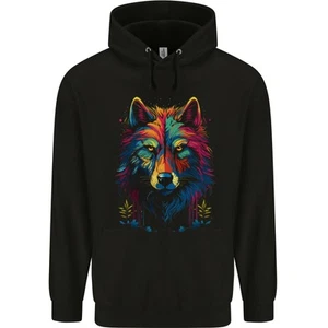 Colourful Fantasy Wolf Face Childrens Kids Hoodie - Picture 1 of 3