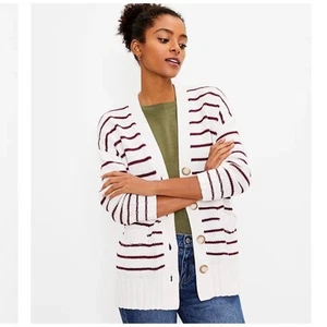 LOFT Striped Pocket V-Neck Cardigan Grandpa sweater womens size small oversized - Picture 1 of 8