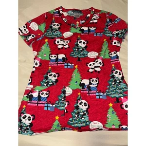 Cherokee Womens Christmas Panda Tree Scrub Top V Neck Short Sleeve Size S - Picture 1 of 7