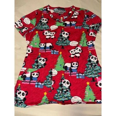 Cherokee Womens Christmas Panda Tree Scrub Top V Neck Short Sleeve Size S - Image 1 of 4