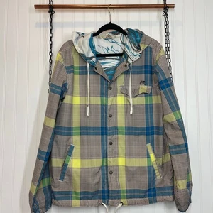 Kirra Men Jacket Hooded Lightweight Gray Yellow Plaid Windbreaker Size M - Picture 1 of 6