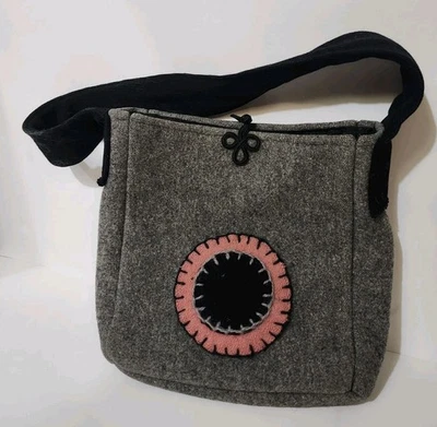 Gray Wool Purse Handbag Black Handle Pink Applique  - Image 1 of 4