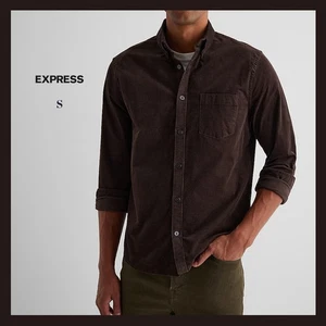NWT - Express Men's Espresso Slim Fit Solid Stretch Corduroy Shirt Sz Small $74 - Picture 1 of 7