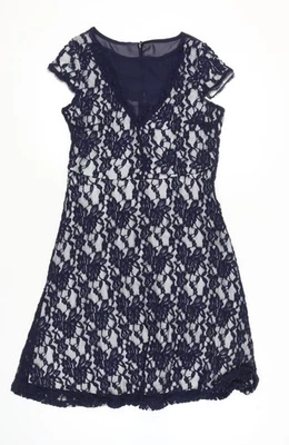 Klass Women’s Navy Blue Lace Sheath Dress Size 12 Knee Length V-Neck — 第 1/4 张图片