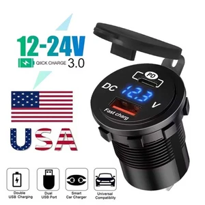 Caricabatteria USB Auto Doppia QC3.0 Porta PD con Presa Voltmetro per Barca 12V Camper - Foto 1 di 12
