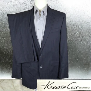 Kenneth Cole 2 Piece Suit Mens 40R 32X31 Black Navy Stripe Double Vented Wool - Picture 1 of 13