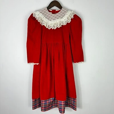 Sarah Kent Girl Dress 7 Red Velvet Lace Collar Plaid Victorian Christmas Cottage - Image 1 of 4
