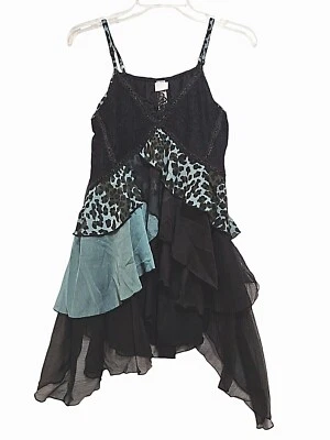 Pretty Angel Womens L Tank Top Layered Black Aqua Adjustable Strap Leopard New - Image 1 of 4