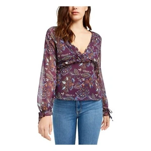 Q+A Los Angeles Womens Purple Floral Long Sleeve V Neck Blouse Top - Picture 1 of 4