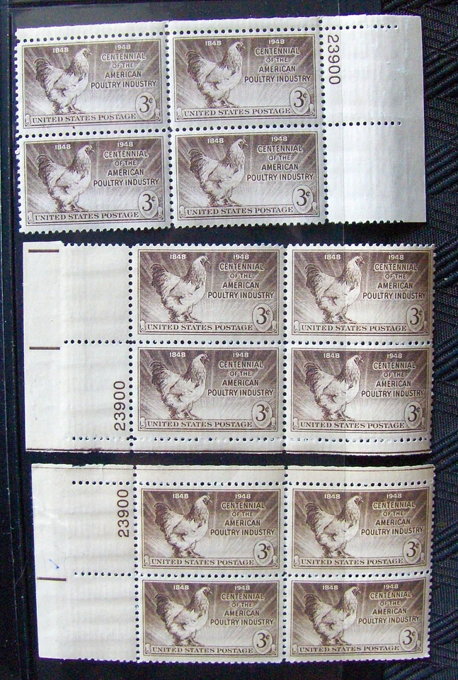 US 3¢ stamp SC #968 American Poultry Industry MNH 3 matching # plate blocks 1948 - Image 1 of 1