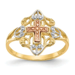 14K Solid Two Tone Gold Cross Ring - Picture 1 of 17