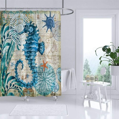 Sea Horse Ocean Animal Beach Theme Fabric Shower Curtain Sets Bathroom Decor