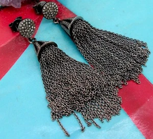 Black Sterling Silver Tassle Pave Diamonds Dangle Mesh Drop Earrings - Picture 1 of 5