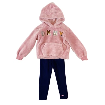 Conjunto de Leggings con Capucha DKNY Niñas Talla 4 Rosa Azul Lentejuelas Logo Bolsillo con Capucha Foto 1 de 4