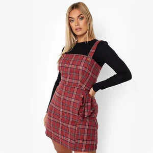 NWT BOOHOO Red Plaid Flannel Bow Check Wrap Pinafore Dress Jumper Sz US 24 UK 28 - Picture 1 of 4