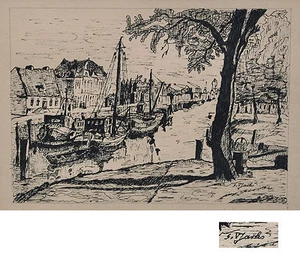 Binnenhafen mit Fischerbooten - Tuschezeichnung - undeutlich signiert - Bild 1 von 2