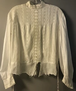 Blusa mediana-grande antigua era eduardiana blanca de lino encaje cuello alto manga larga - Imagen 1 de 21