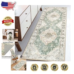 Boho Green 2'x6' Runner Rug - Machine Washable & Non-Slip for Hallways - Picture 1 of 9