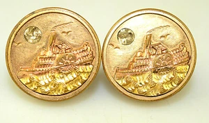 ANTIQUE GOLD FILLED STEAMBOAT & RHINESTONE MOON 3/4" CUFFLINKS CUFF BUTTONS - Picture 1 of 5