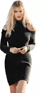 Vestido Elan para mujer mediano negro suéter corto mini manga larga hombro frío - Imagen 1 de 3
