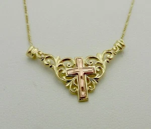 Highly Detailed Religious Filigree Charm Cross Necklace Solid 10k Gold, 16.25" - Picture 1 of 8