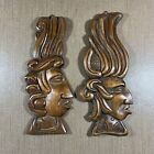Two Vintage 1970s Honduras Hand Carved Wood Faces Wall Mounted Plaques 10.5"