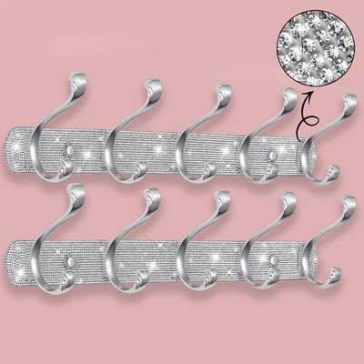 Luxury Silver Wall Coat Hooks Set | Rhinestone 5-Hook Rack for Coats Keys Hats - Image 1 of 4