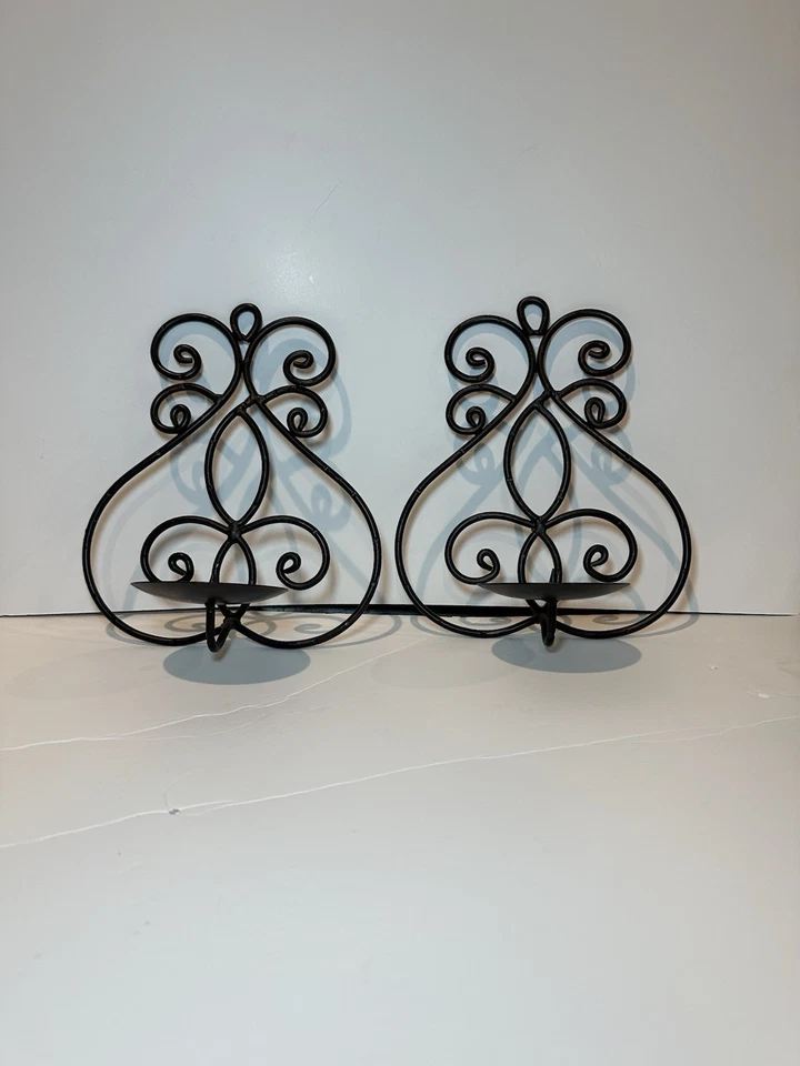 Pair of Rustic Scroll Ornate Metal Wall Mounted Candle Sconces - Image 1 of 4