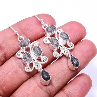 Black Rutilated Quartz -Brazil Multi Collet 925 Sterling Silver Earring 1.95" E4 - Image 1 of 4