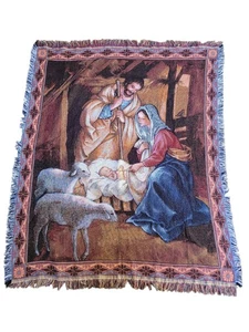 Gewebter Wandteppich Überwurf Decke 60"x52" Krippe Heilige Familie Religiös - Bild 1 von 8