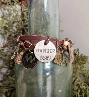 Leather, Metal, Stone Beads, Tokens and Other Handmade Mixes Media Bracelet  - Image 1 of 4