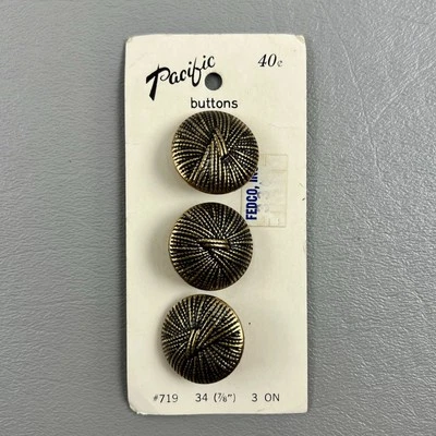 Pacific Gold Tone Metal Buttons On Card No 719 Size 34 7/8” 3 Count Buttons USA - Image 1 of 3