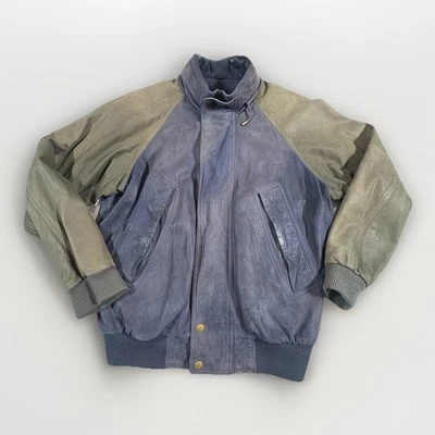 复古 Robert Talbott 男式 100% 皮革西装色块轰炸机夹克 尺寸 L — 第 1/4 张图片