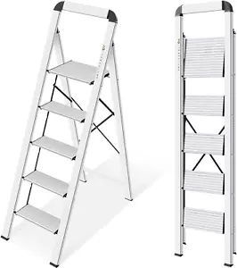 Aluminium 5 Step Ladder, Lightweight Step Stool with Non-Skid Pedals, Handrail, - Picture 1 of 9