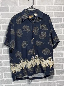 Caribbean Mens Large Navy With Palm Leaf Print Shirt Flaw Preowned - Picture 1 of 8