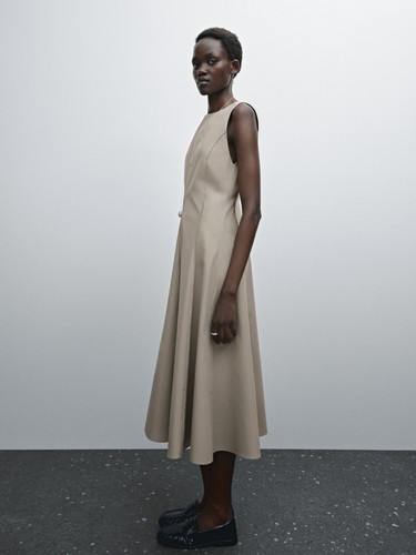 OFF WHITE Massimo Dutti abito donna beige puro cotone lunghezza media senza maniche