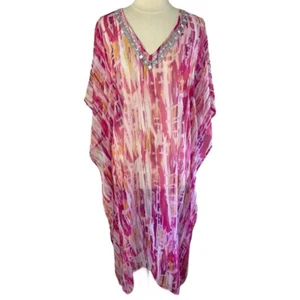 CYNTHIA ROWLEY Fuchsia Printed Chiffon Rhinestone Embellished Kaftan, One Size - Picture 1 of 9