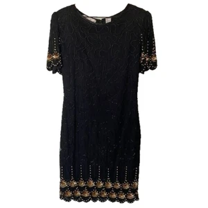 Laurence Kazar Medium Vintage 100% Silk Beaded Art Deco 80's Cocktail Dress - Picture 1 of 8