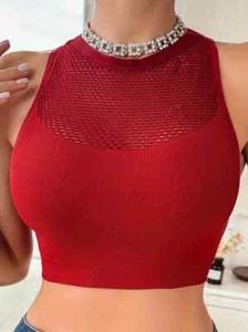 Solid Seamless Full Coverage Fishnet Contrast Racer Back Tank Top size M - Picture 1 of 5