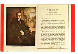 President Calvin Coolidge Portrait Vermont Old Vintage Postcard VT - Picture 1 of 2
