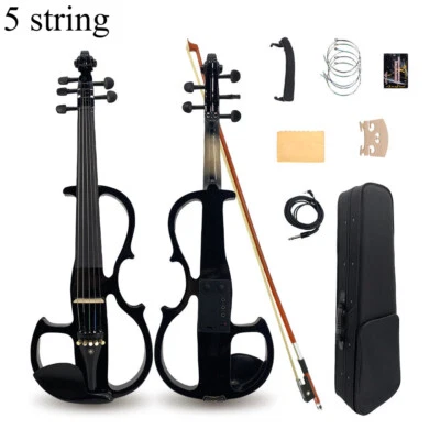 5 string Electric Violin 4/4 silent Violin with Ebony Fittings,Case,Bow Black - Image 1 of 4