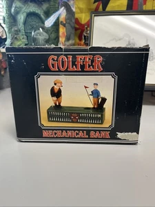 Vintage Gusseisen Golfer Birdie Putt Münze Sparschwein Golf mechanisch MIB - Bild 1 von 14