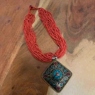 Vintage Tibetan Turquoise & Red Coral Beads Nepal Multi-Strand Handmade Necklace - Image 1 of 4