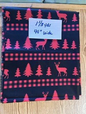 Christmas Cotton Black And Red Check,  Deer And Trees By David Textiles 1 1/3yds - Image 1 of 3