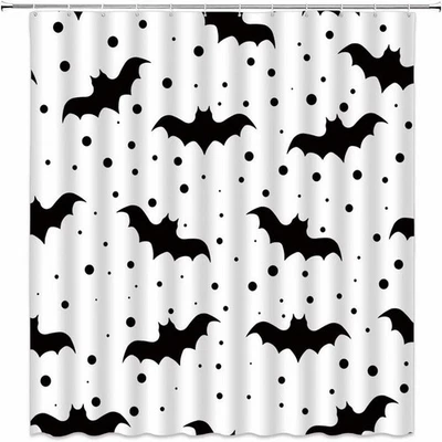 Cortina de Ducha Halloween, 70x70 Pulgadas, Murciélagos Blancos Negros, Tela, Gancho Foto 1 de 4