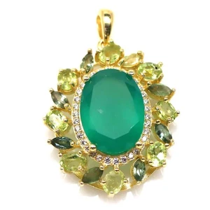 925 Sterlingsilber 10 x 14 Mm. Grüner Achat, Peridot & Zirkon Statement Anhänger - Bild 1 von 4