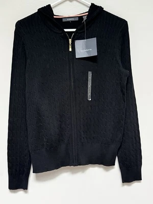 NUEVO CON ETIQUETAS LIZ CLAIBORNE Mujer Negro Cremallera Cable Tejido Suéter Sudadera con Capucha Pequeño Foto 1 de 4