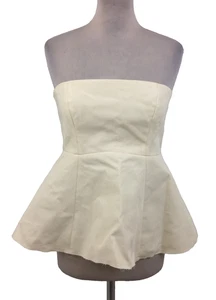Mango Women's Top Size S Ecru Bandeau Flared Peplum Zip Raw Edge Hem New F1 - Picture 1 of 12